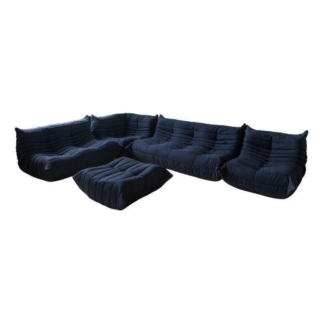 Blue Microfiber Togo Living Room by Michel Ducaroy for Ligne Roset, 1970, Set of 5 For Sale