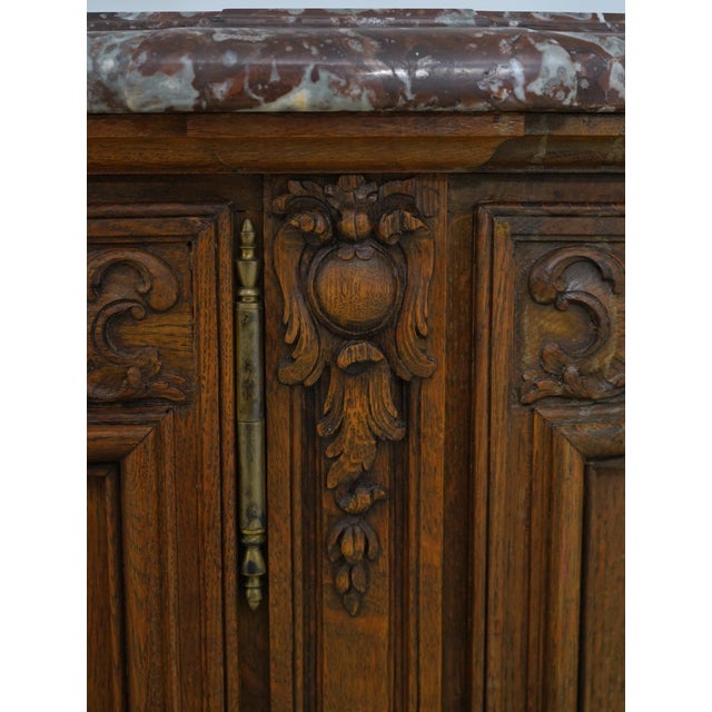 Maison Gouffe Vintage French Oak 4 Door Marble Top Console For Sale - Image 9 of 18