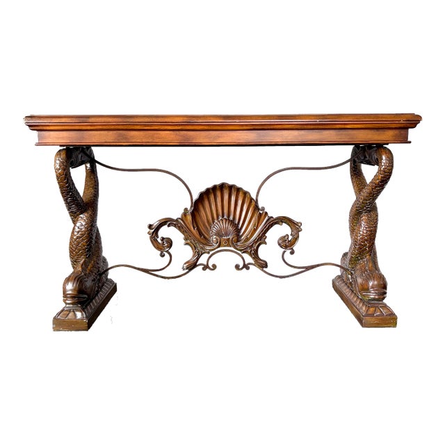 Late 20th Century Hollywood Regency Dolphin Base Console Table With Shell Motif — Maitland-Smith Style For Sale