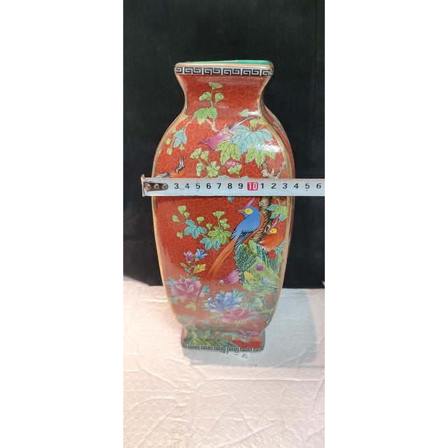 20thC Chinese Ceramic Vase Qing Dynasty Qianlong Marked Red Ground Famille Rose Porcelain Square Vase Hand Painted Flowers and Birds Pattern For Sale - Image 10 of 10