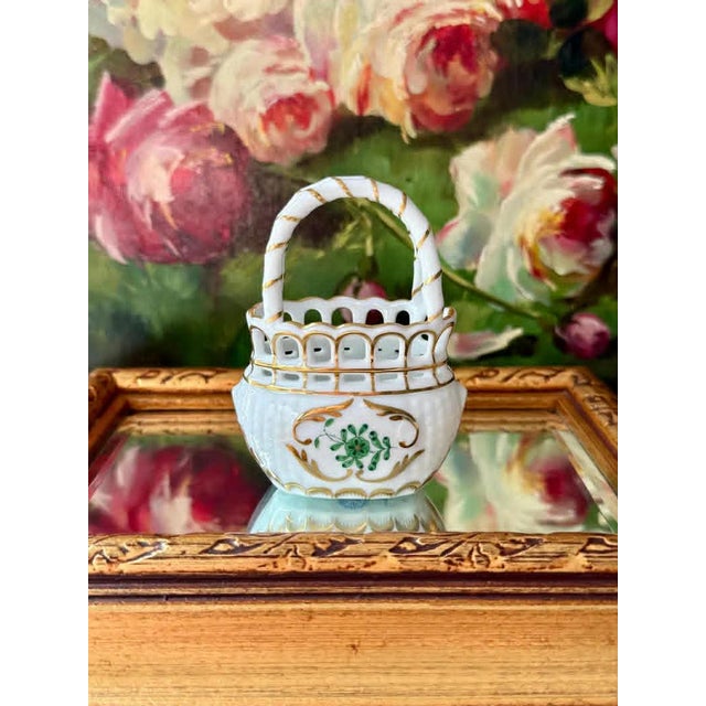 Herend Hungarian Vintage Mini Hand-Painted Porcelain Basket With Handle - Made in Hungary For Sale - Image 10 of 10