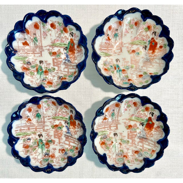 1920’s Antique Japanese Chinoiserie Hand Painted Traditional Geisha Girl & Pagoda Plates & Small Bowls - A 17 Piece Set For Sale In Naples, FL - Image 6 of 12