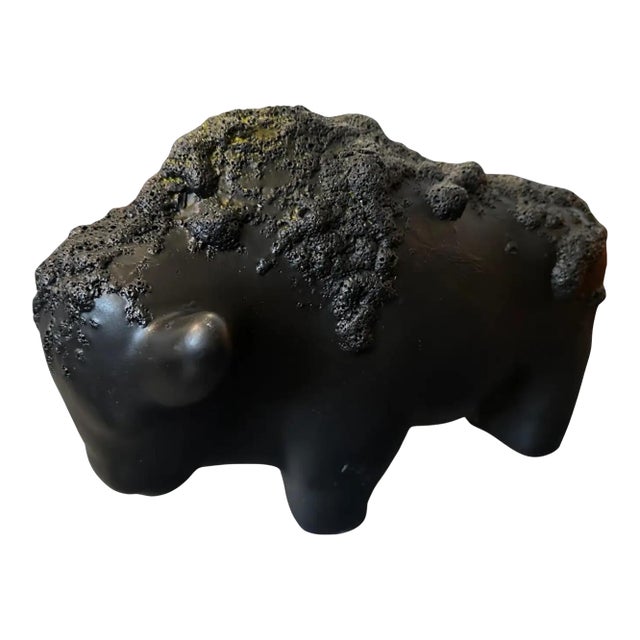 1990s Modernist Black Fat Lava Ceramic German Bison For Sale
