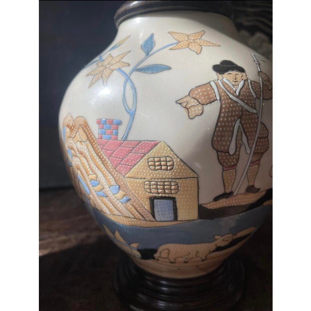 Baby Blue Mid 20th Century Pair of Vintage Naive Hunting Scene Lamps For Sale - Image 8 of 10