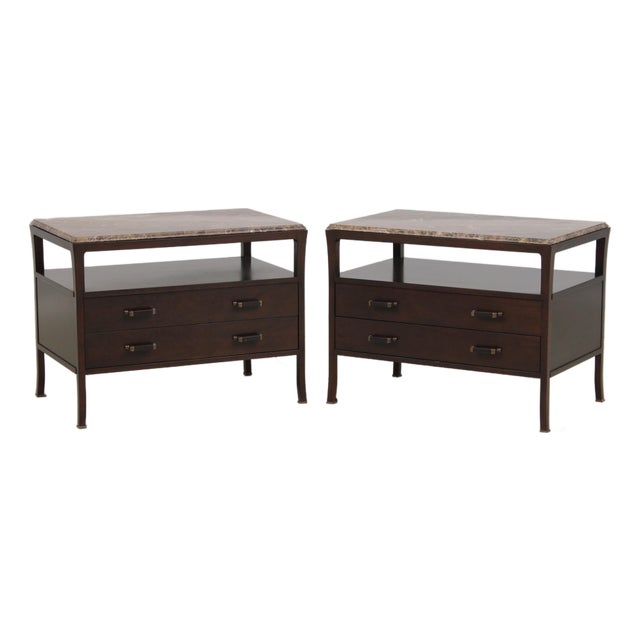 Pair Baker Bill Sofield Modern Design Marble Top Nightstands For Sale