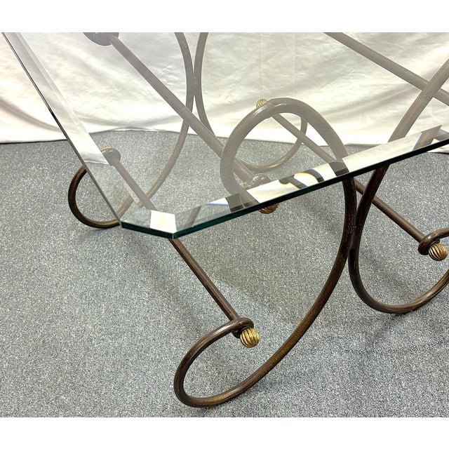 Vintage Scroll Wrought Iron and Brass Square Coffee Table With Beveled Glass Top For Sale - Image 15 of 18