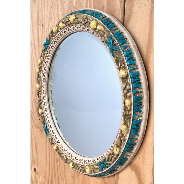 Wood Finely Carved Round Florentine Polychromed & Gilt Lemon, Laurel Wood Mirror For Sale - Image 7 of 10