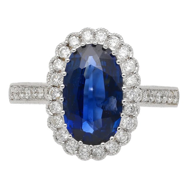 Vintage 2.38 Carat No Heat Oval Blue Sapphire & Milgrain Finish Ring Size 6 For Sale