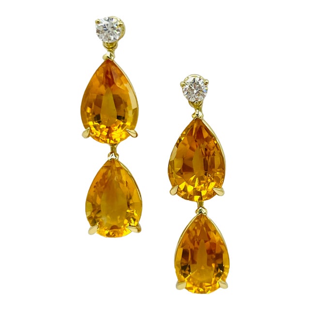 Citrine Pear Shape and Round Diamond Dangle Earrings in 18k Yellow Gold- Set of 2 For Sale