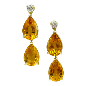 Citrine Pear Shape and Round Diamond Dangle Earrings in 18k Yellow Gold- Set of 2