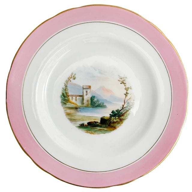 Beautiful set of ten early 20th century English dinner plates set featuring hand-painted countryside scenes and a slightly...