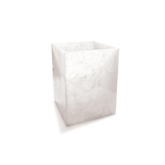 Set of wastebasket and tissue holder in Snow Quartz, hand-carved from genuine rock crystal. This two-piece bathroom...