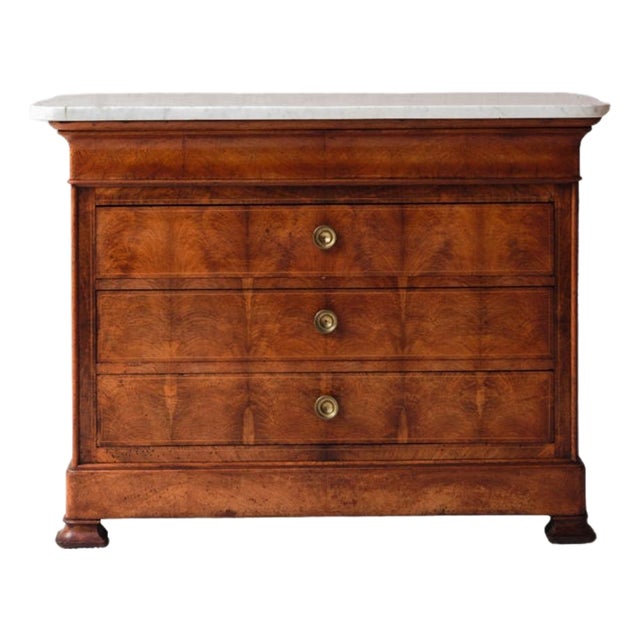 French Louis Philippe Style Walnut Marble Top Commode, Circa 1960 For Sale