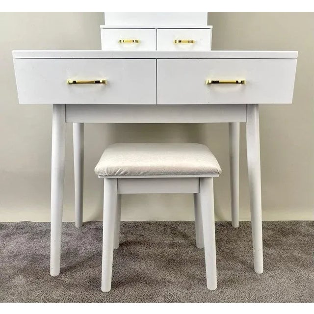 Wood Modern White Lacquered Lady Vanity Desk With Matching Bench For Sale - Image 7 of 12