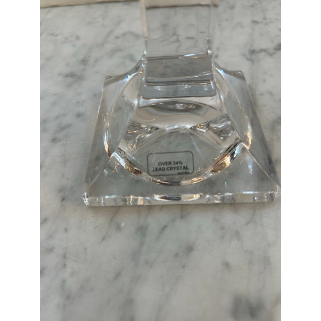 Transparent Versace Rosenthal Austria Crystal 3 - Arm Candlesticks With Frosted Medusa on the Center Arm Signed, Inscribed Set of 2 For Sale - Image 8 of 12