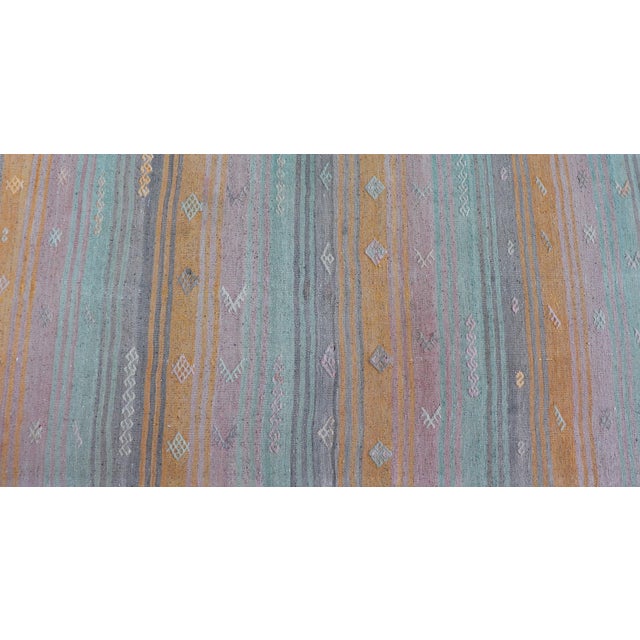 Lavender Vintage Turkish Kilim Runner With Blue, Orange, and Soft Lavender Stripes For Sale - Image 8 of 11