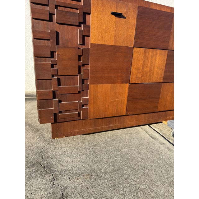 Mid-Century Modern Attributed to Paul Evans Style Brutalist Dresser by Lane | Mid Century Modern Walnut 9 Drawer Lowboy | Vintage 1970s Pueblo Mosaic Credenza For Sale - Image 3 of 12