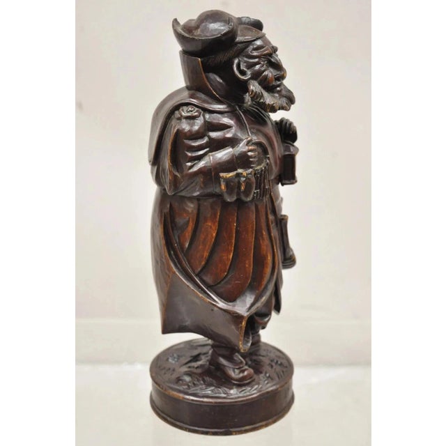 19th C. Black Forest Figural Wood Carved Night Watchman Lidded Tobacco Jar Box For Sale - Image 11 of 13