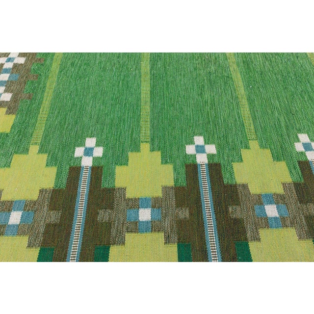 Doris Leslie Blau Vintage Swedish Rug in Lush Greens and Geometric Patterns For Sale - Image 4 of 8