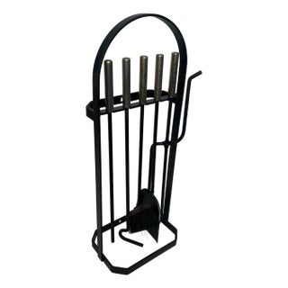Black lacquered and chrome-plated fireplace tools on stand For Sale