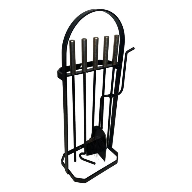 Black lacquered and chrome-plated fireplace tools on stand For Sale