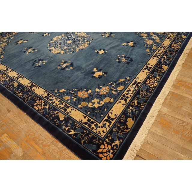 1920s Blue-Navy Background Floral-Medallion Design Antique Chinese Peking Rug For Sale - Image 4 of 8