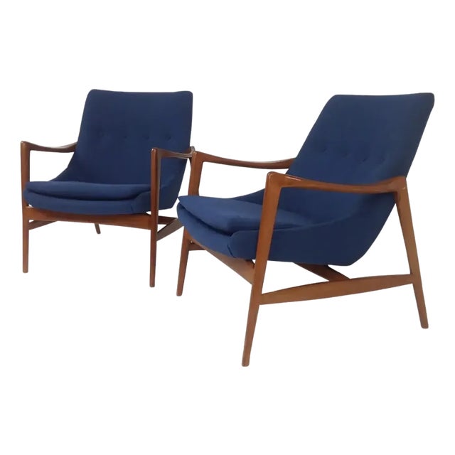 Blue Chenille Mid-Century Lounge Chairs Solid Walnut Frames. - Pair For Sale