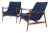 Blue Chenille Mid-Century Lounge Chairs Solid Walnut Frames. - Pair For Sale