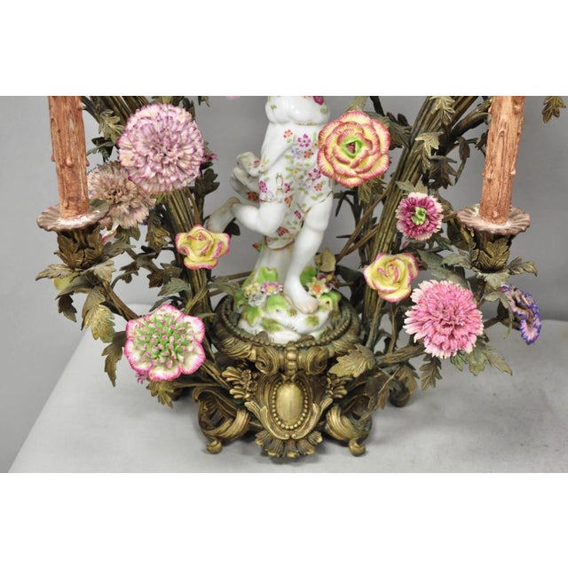 Metal Late 20th Century French Louis XV Repro Bronze & Porcelain Candelabra Lamps by United Wilson, Pair For Sale - Image 7 of 18