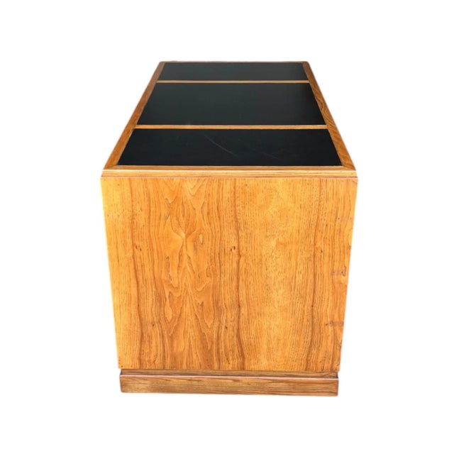 Vintage Campaign-Style Oak Executive Desk With Black Leather Inlay For Sale - Image 11 of 12