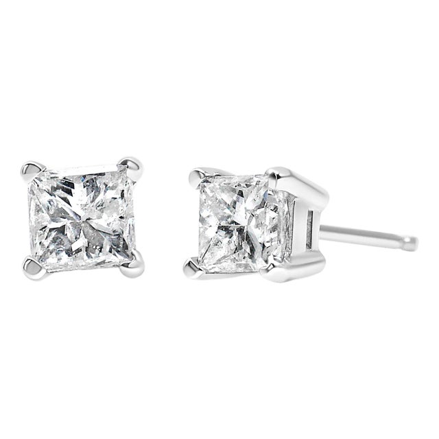 AGS Certified 14K White Gold 1.0 Cttw 4-Prong Set Princess-Cut Solitaire Diamond Push Back Stud Earrings (I-J Color, SI2-I1 Clarity) For Sale