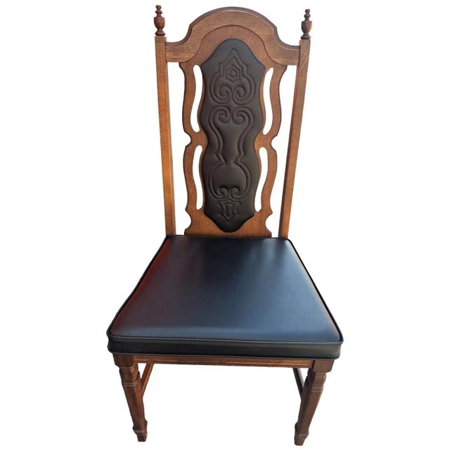 1960s 1960s Spanish Revival Solid Pecan Wood and Black Vinyl Dining Chairs - Set of 6 For Sale - Image 5 of 7