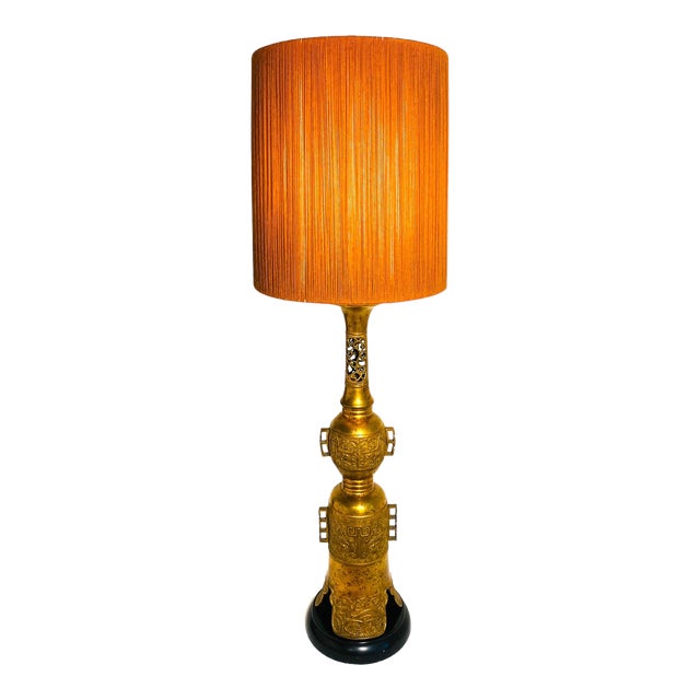 1950s Hollywood Regency James Mont Attributed Asian Brass Table Lamp For Sale