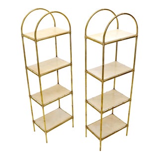 Mid 20th Century Pair Solid Brass Faux Bamboo Arch Shape Top Goat Skin Parchment Shelves Etageres For Sale