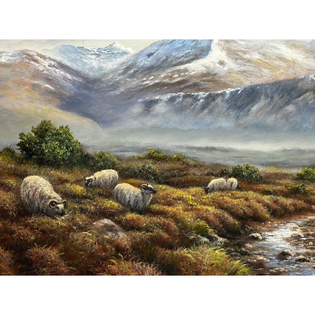 Wood Oil Painting Scottish Highlands Sheep Grazing Ben Nevis Range by Wendy Reeves C1990's Framed For Sale - Image 7 of 12