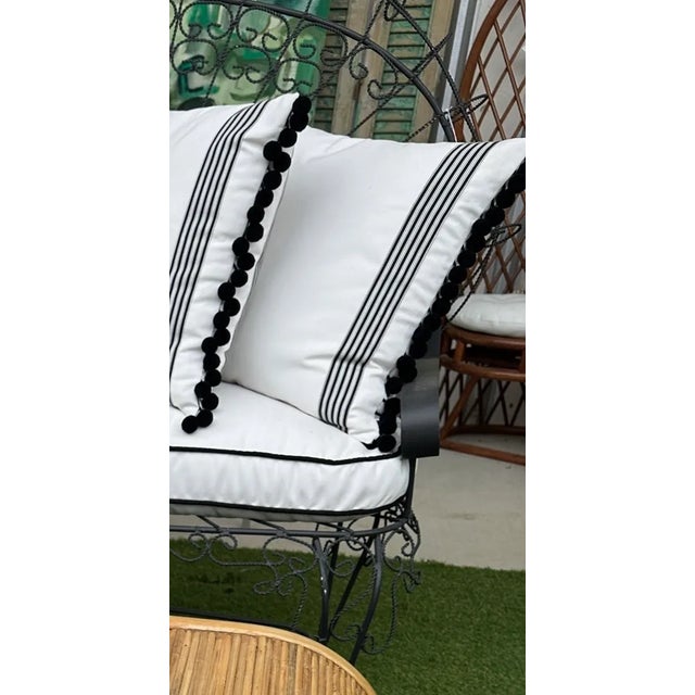 Mid-Century Modern Wrought Iron Peacock Chairs After Salterini With Custom Outdoor Cushions , a Pair, Attributed For Sale - Image 3 of 6
