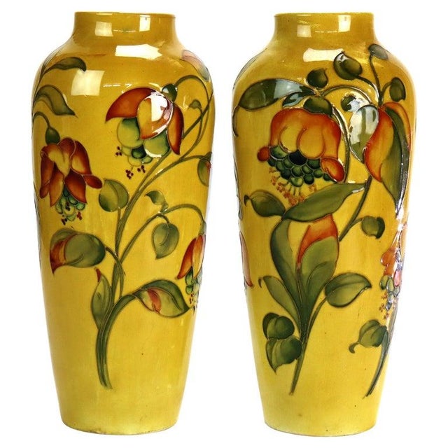 Pair Of Antique Moorcroft High Glaze Floral Pottery Vases With Factory Drilled Holes For Lamp Bases Signed C1920 Measures...