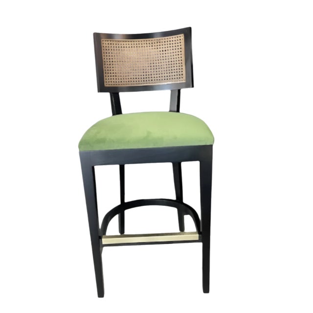 Mid-Century Modern Palm Collection Black Green Performance Fabric Bar Stool With Cane Back W/ Brass Kickplate For Sale - Image 3 of 7