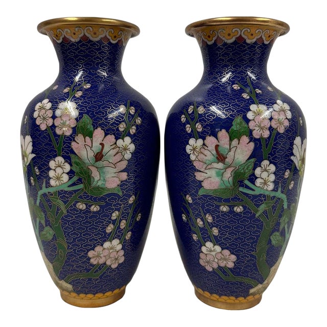 Mid-20th Century Vintage Chinese Hand Made Cloisonne Vases - Pair For Sale
