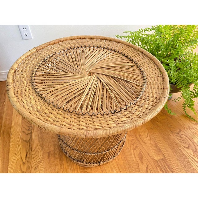 1960 Woven rattan round side table Comes with large glass table top, I bought the top off Amazon, bought it to cover and...