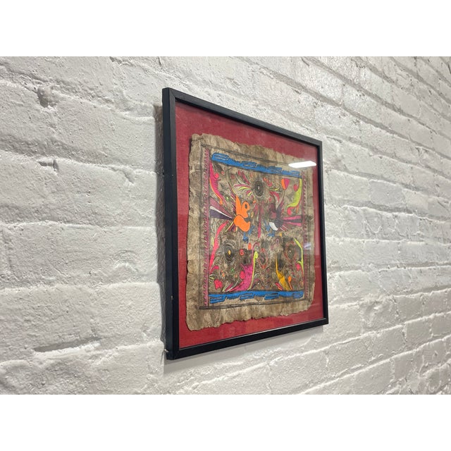 Folk Art Framed Folk Art Bird Painting on Textured Paper | Colorful Floral Wall Art, C. 1960’s For Sale - Image 3 of 10