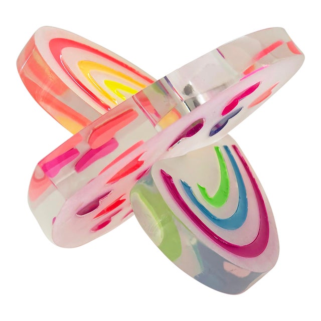 Clear Painted Lucite Interlocking Hearts Love Sculpture by Michael Gitter For Sale