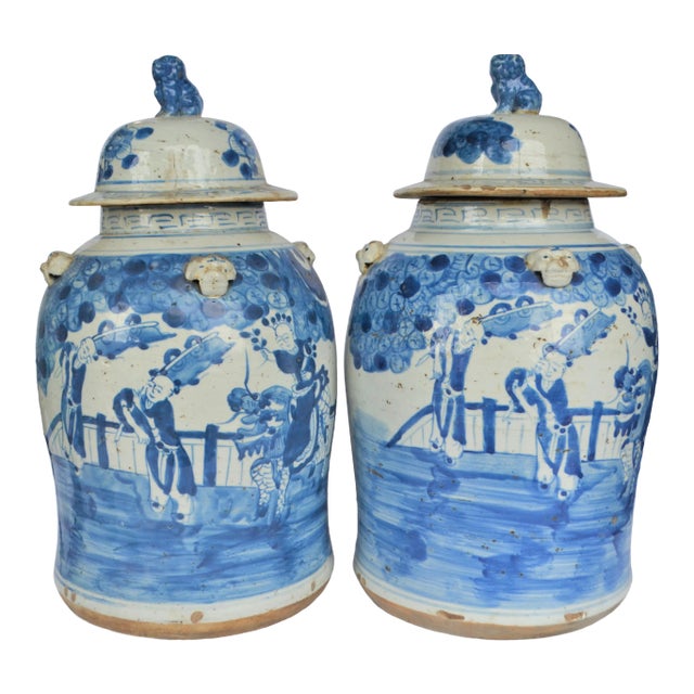 Vintage Chinoiserie White & Blue Children & Qulin Ginger Jar - a Pair For Sale