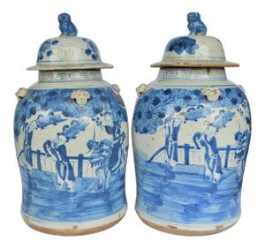 Vintage Chinoiserie White & Blue Children & Qulin Ginger Jar - a Pair