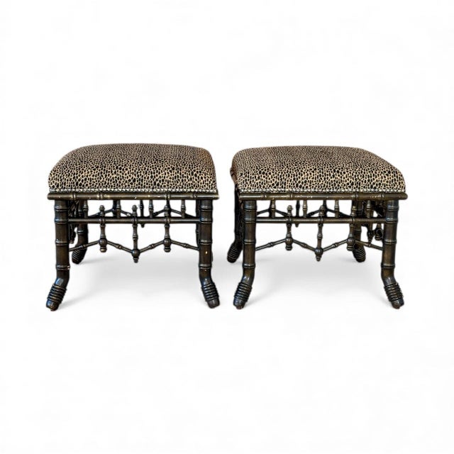 Vintage Chinoiserie Faux Bamboo Fretwork Ottomans With Leopard Upholstery-Pair For Sale - Image 11 of 12