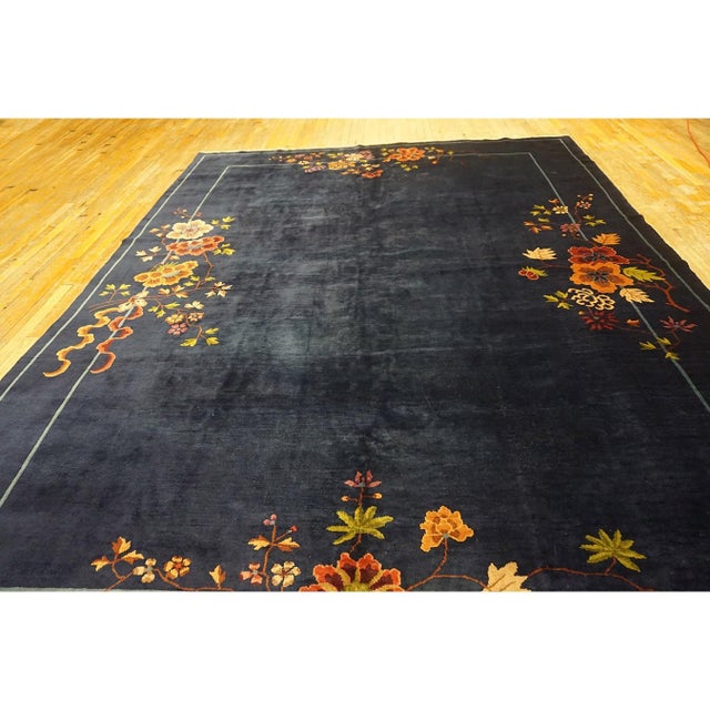 Art Deco 1920s Navy Field Floral Antique Chinese Art Deco Carpet 9' X 11'4" Knotted Rug For Sale - Image 3 of 9