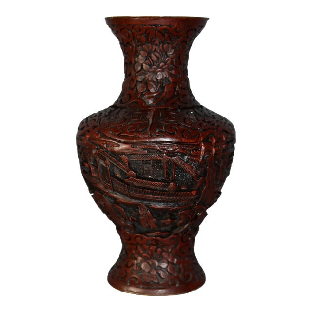 Antique Carved Chinese Figural Cinnabar Vase For Sale
