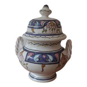 Small Vintage Portuguese Handmade Pottery Porcelain Covered Dish, Pot