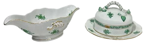 Chinese Bouquet Apponyi Green Butter Dish and Sauce Boat in Porcelain from Herend, 1960s, Set of 2