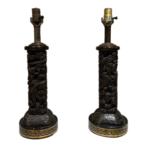 1950s Fine Chinese Wood Brass Table Lamps Style James Mont